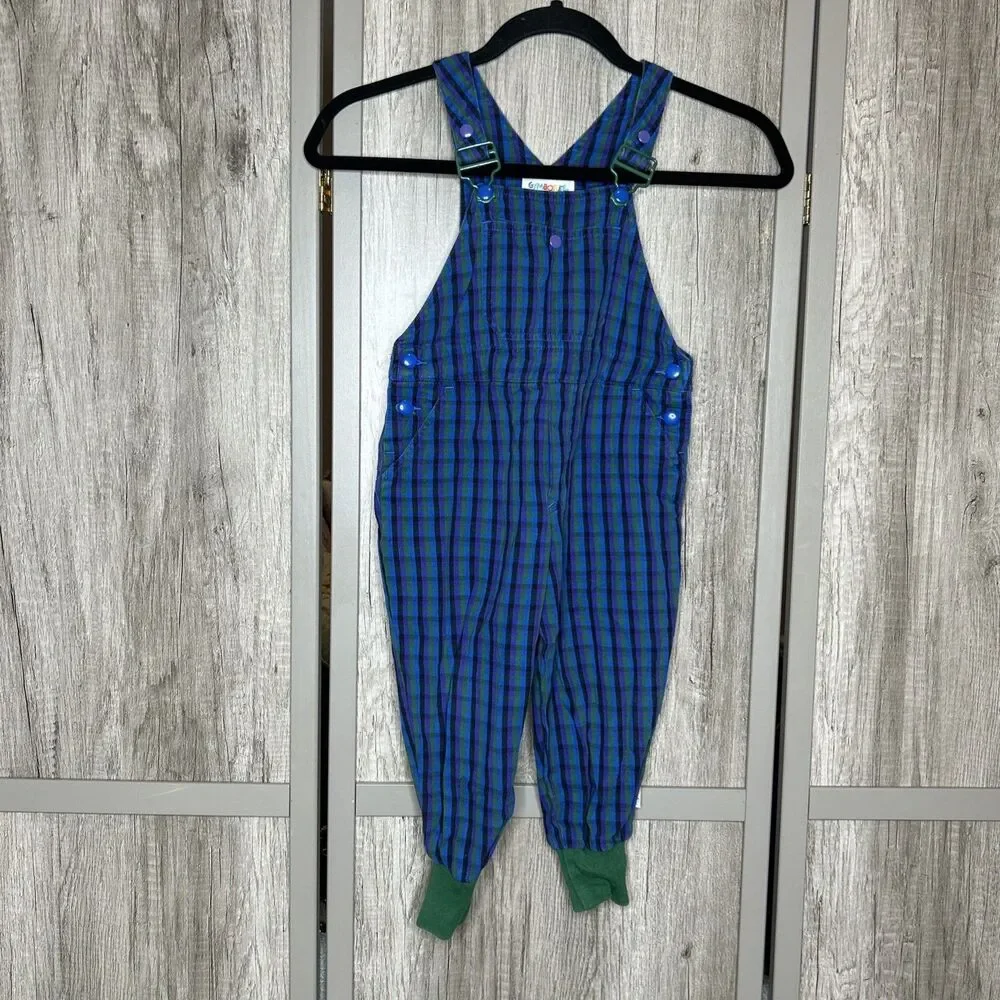Vintage Gymboree Overalls Rainbow Tag Plaid Size M 2T - 3T Blue Green